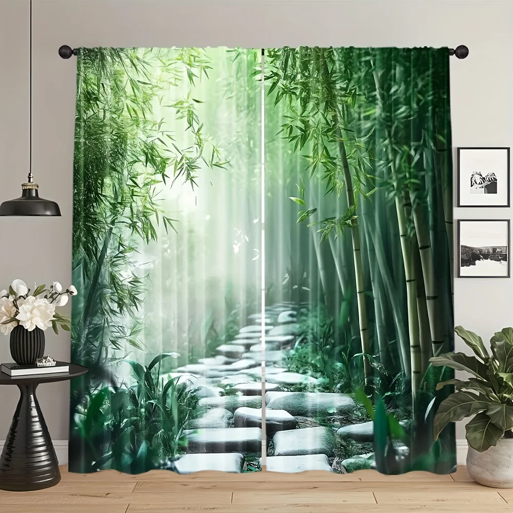 Cortinas Blackout com Estampa de Bosque de Bambu e Caminho de Pedras, com Bolso para Varão, para Decoração de Casa e Quarto