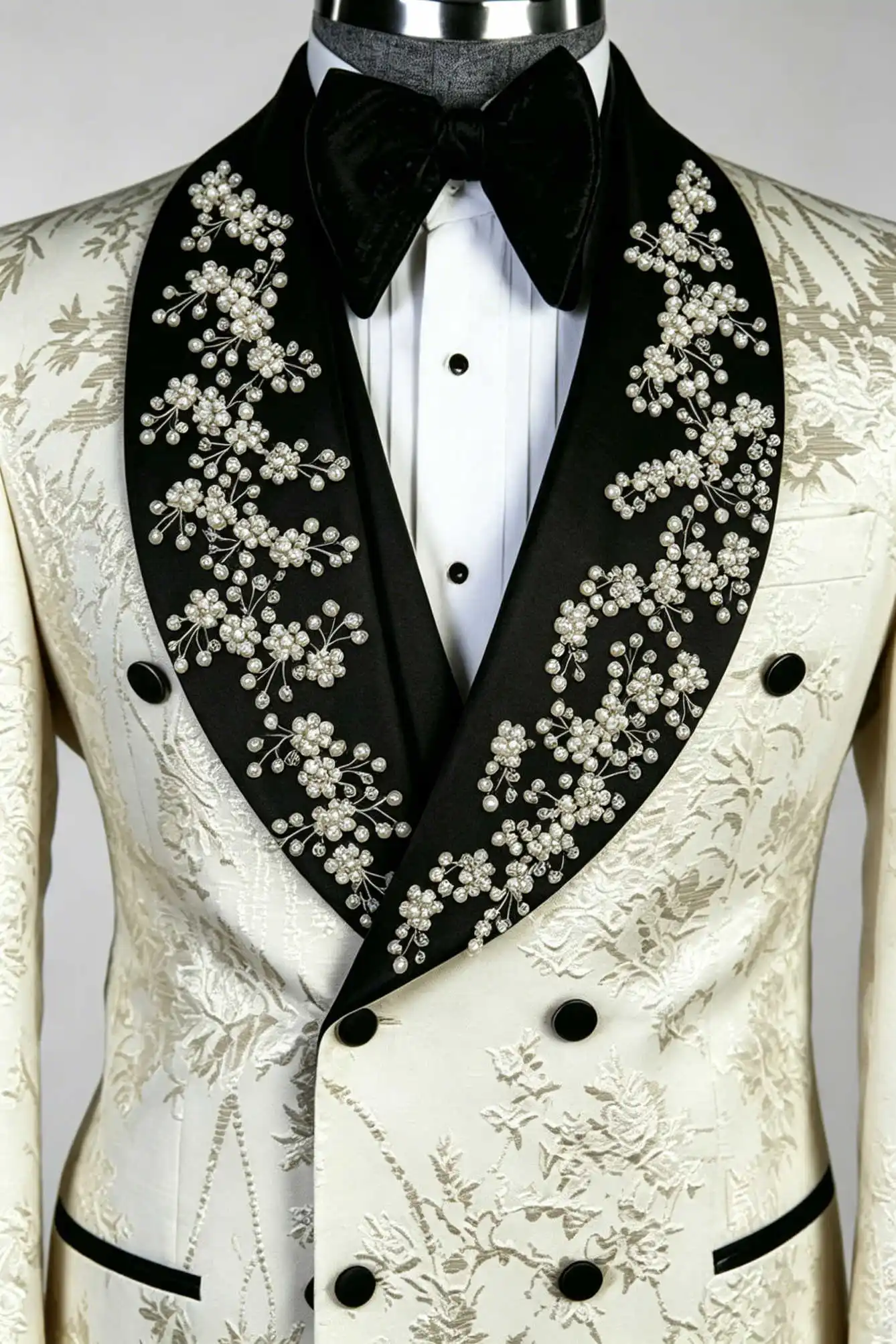 Elegant Floral Embroidery & Pearl Accent Men's Blazer Coat Double-Breasted Formal Outerwear for Luxury Gala Events Customized