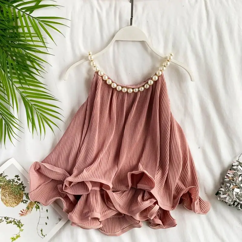 Women Sweet Chiffon Halters Ruffles Pearls Shirts V-Neck Double Layers Blouses Pleated Beading Jumpers Crop Tops Blusas 2019