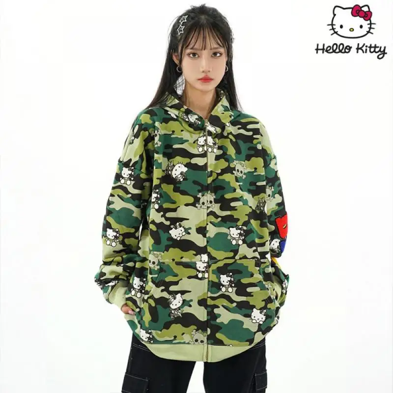 Hello Kittys Hooded Jacket Y2K Sanrioed Cartoon Anime Spring Winter Cotton Camouflage Coat Hip Hop Men Women Casual Loose Tops