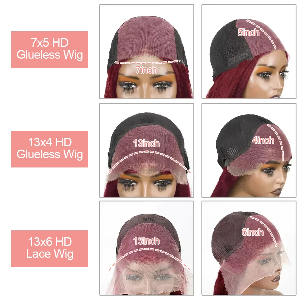 99j Merah Marun 13X6 Rambut Manusia Renda Depan Kepadatan 250 Gelombang Tubuh 7X5 13X4 Wig Tanpa Lem 40 Inci Berwarna Merah Siap Dipakai untuk Wanita