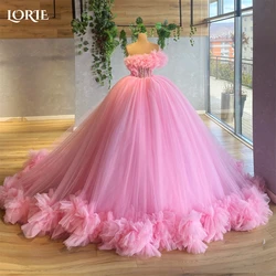 LORIE Bebê Rosa Tule Formal Prom Vestidos Fora Do Ombro A Linha Backless Vestido De Noite Ruched Flores Pageant Vestidos De Festa De Casamento