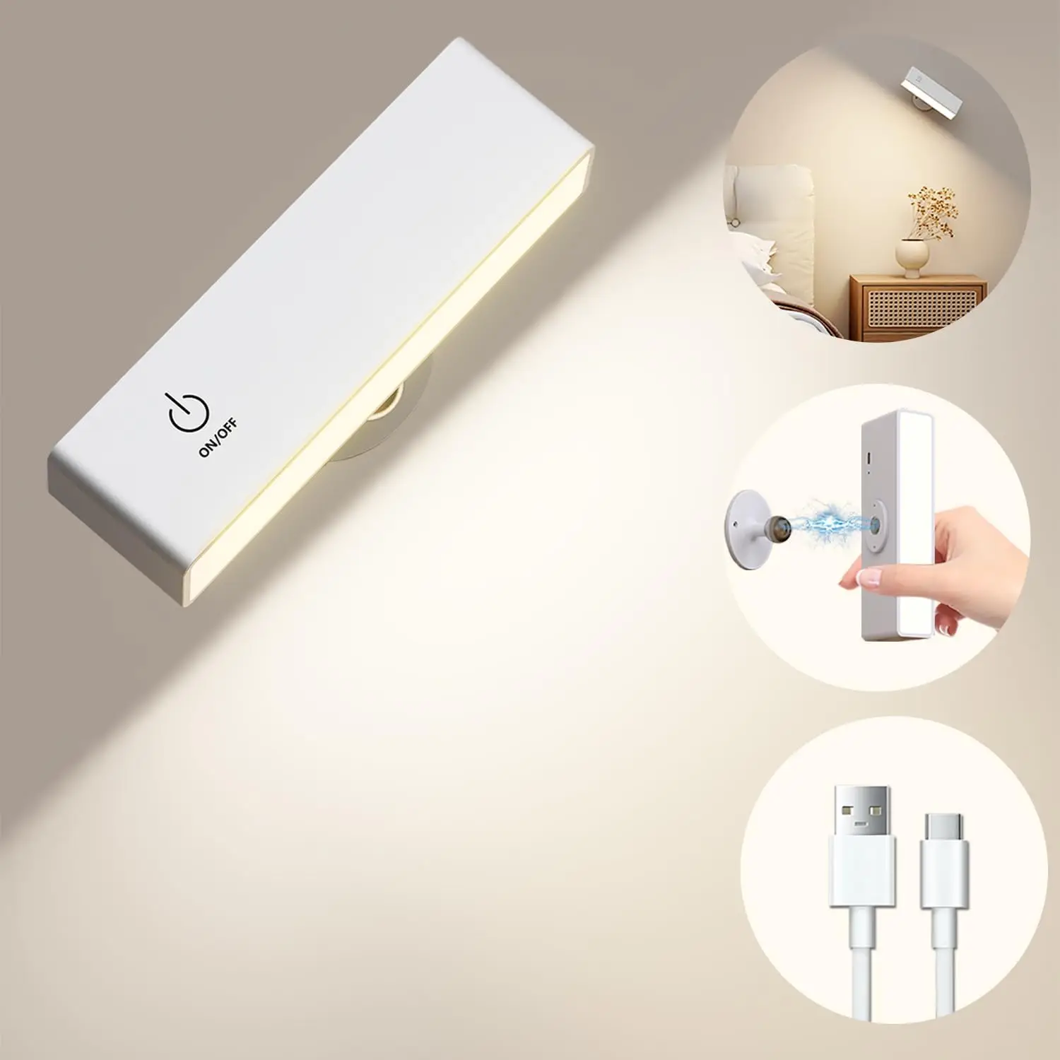 Modern Rechargeable LED Wall Sconces Battery Operated Wall Mount Bedside Lamp USB Charge Removable 360° Rotate Magnetic Wall ReadingLights