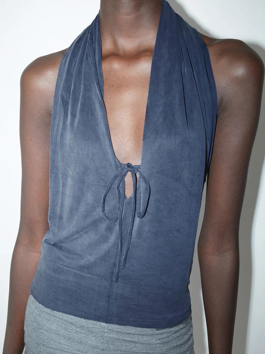 

Paloma dark blue copper ammonia washed texture halter top grey cotton stretch deep V tie-up backless