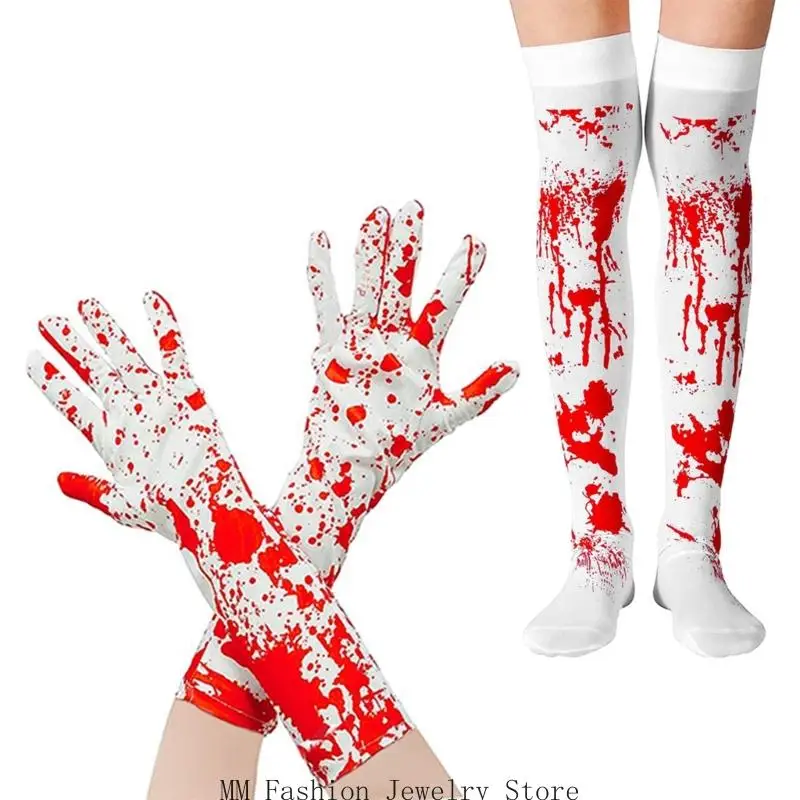 D0UB 1/2Pcs Scary Bloody Thigh High Stockings Elbow Length Gloves Cosplay Halloween Costume Bloodstain Props for Women Men