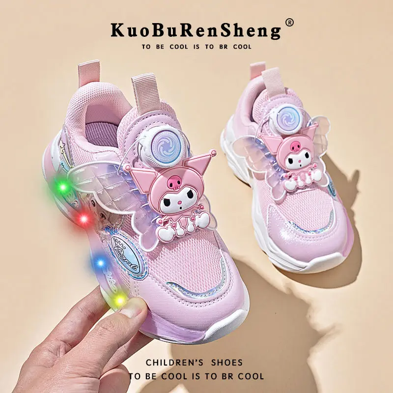 Kawaii sanhos Anime Kuromi Kids Sneaker Shoes Cartoon Soft Sole antiscivolo primavera autunno Outdoor Sport Glow Run Shoes Girl Gift