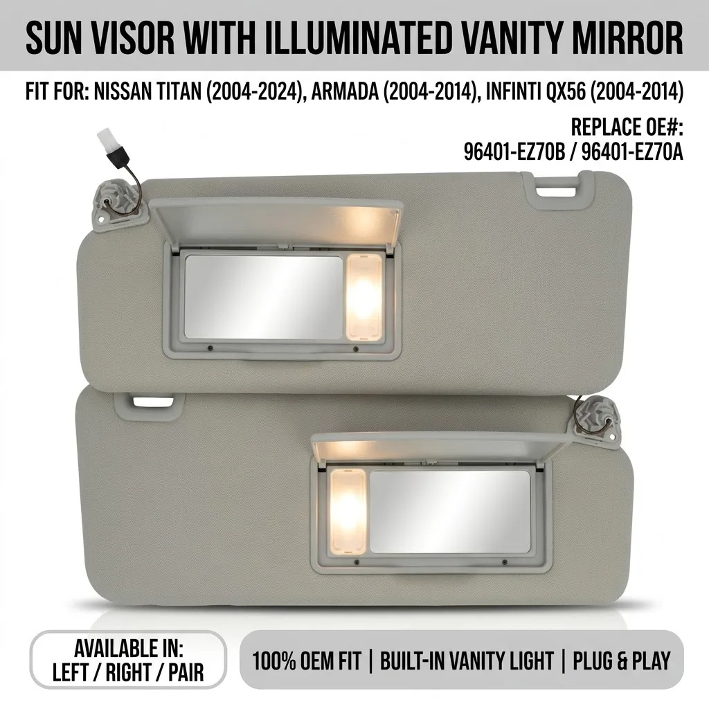 sun-visor-for-nissan-titan-2004-2024-armada-infiniti-qx56-2004-2014-left-right-pair-gray-center-overhead-shade-lamp-96401-ez70b
