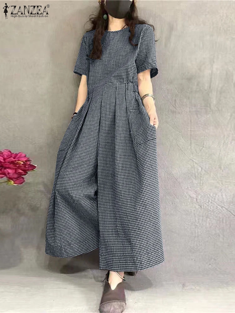 ZANZEA Vrouwen Rompertjes Zomer Overalls Broek Vintage Korte Mouw Geruite Geruite Jumpsuits Mode Casual Losse Wijde Pijpen Broek