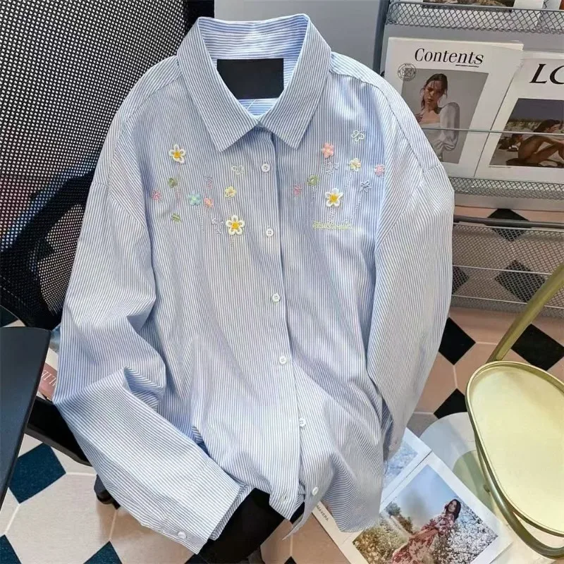 

Woman Blouses Long Stripe Shirts Embroidered Spring summer colorful Oversize Blouse women men Shirt Sun Protection Shirts Tops