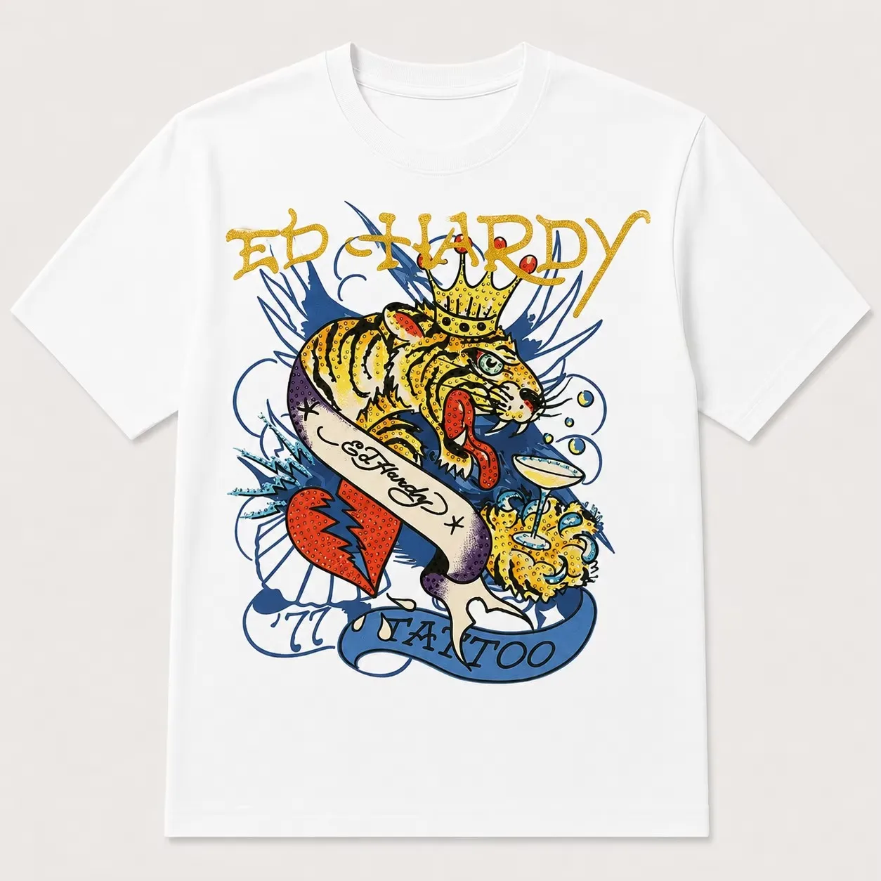 2026 Men Vintage Tiger Tattoo Style Graphic T Shirt Front Print Crew Neck Short Sleeve Tees White Oversized Streetwear Cotton