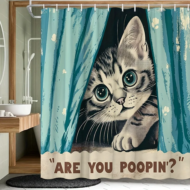 1pc Funny Cat Shower Curtain, Vintage Cartoon Humorous Cute Animal, Home Decor, Waterproof Bathroom Partition, Polyester Fabric,