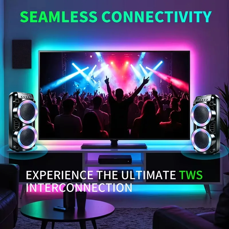 Portable wireless Bluetooth speaker with  multi-mode colorful lights. Supports TF card, USB Type-C port and FM radio. Suitable for parties, outdoor camping, square dancing and other occasions. A lovely gift.