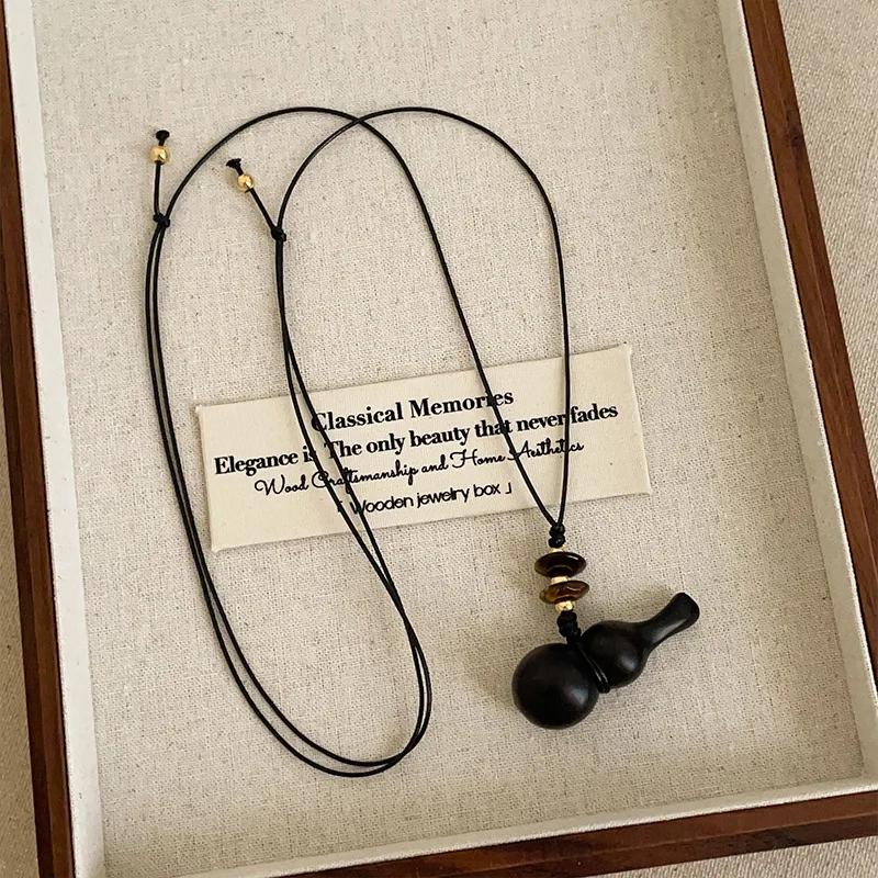 Black Color Adjustable Wax Rope Chain Chokers Harajuku Natural Wood Bottle Gourd Beads Pendant Necklaces for Women Female