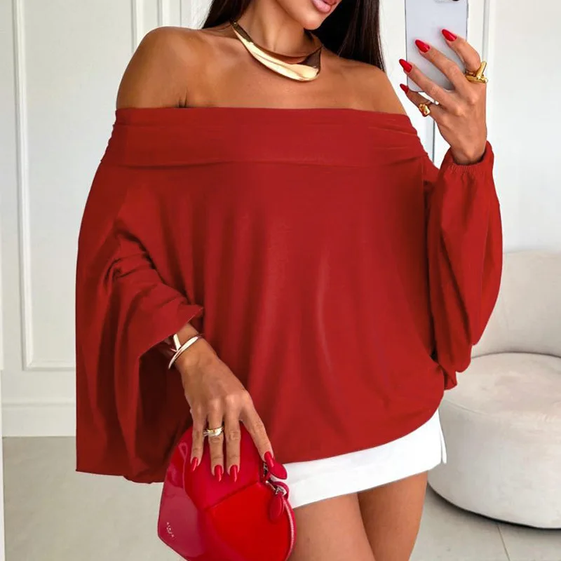 

New Red Shoulder Loose Bat Sleeve Top for Women
