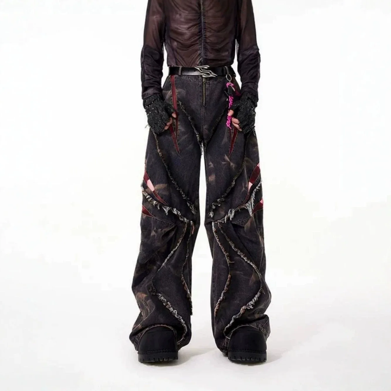 Men Spring Snowflake Wash Curved Jeans, Raw Edge Spliced Mesh Wide Leg High Street Denim