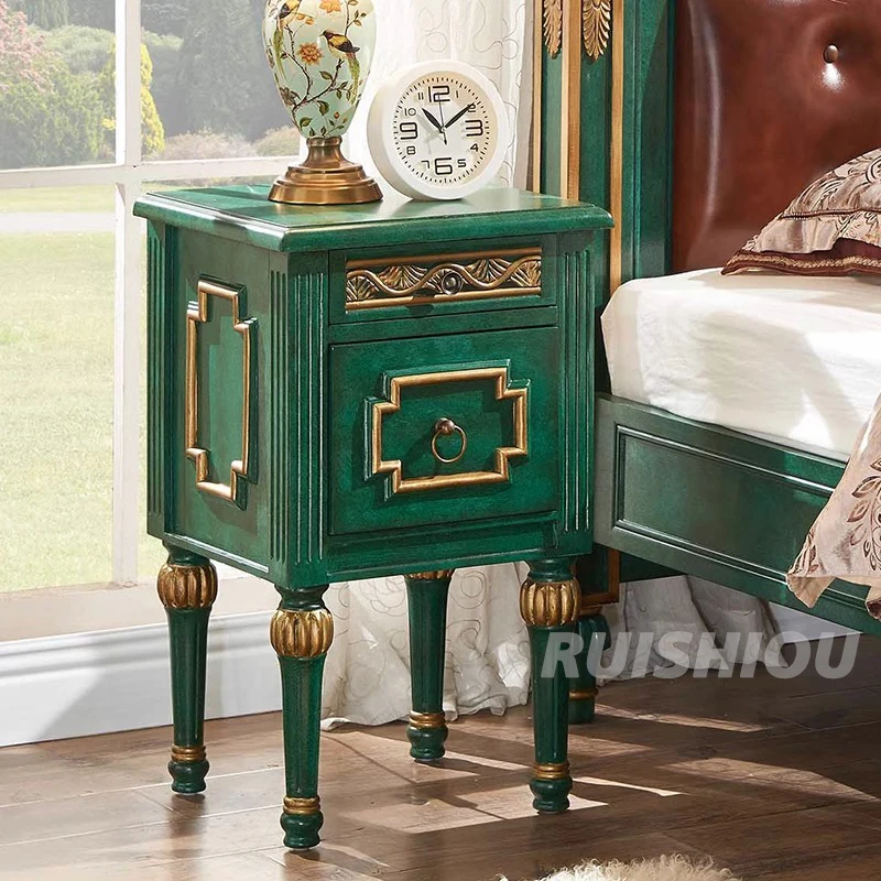 European Luxury Living Room Furniture Solid Wood Peacock Green Nightstands Small Square Side Tables Sofa Bed Corner Tea Table