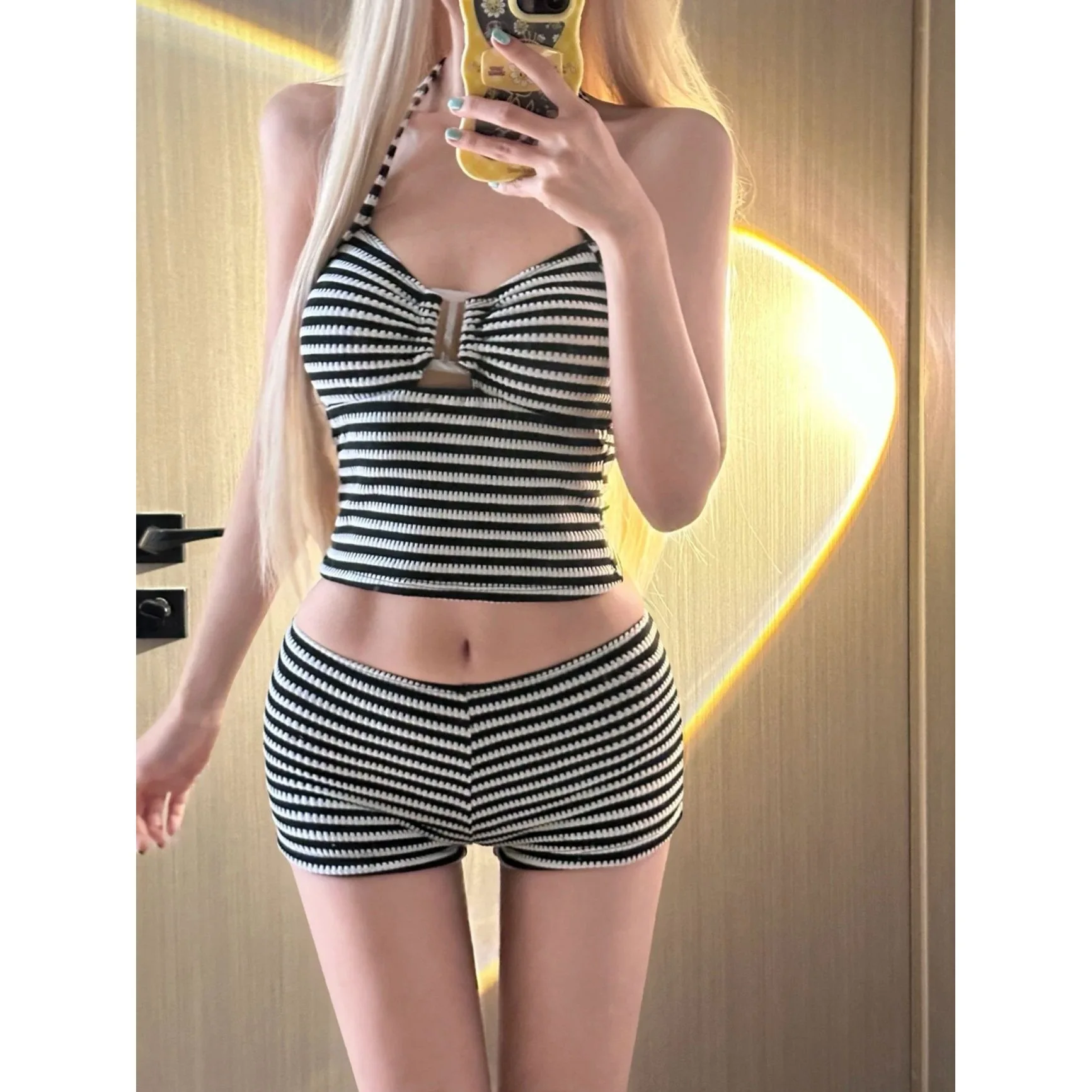 2026 Striped High Waisted Two Piece Bikini Set Women Push Up Tummy Control Boyleg Swimsuit Swimwear Beach Vacation Summer Shorts