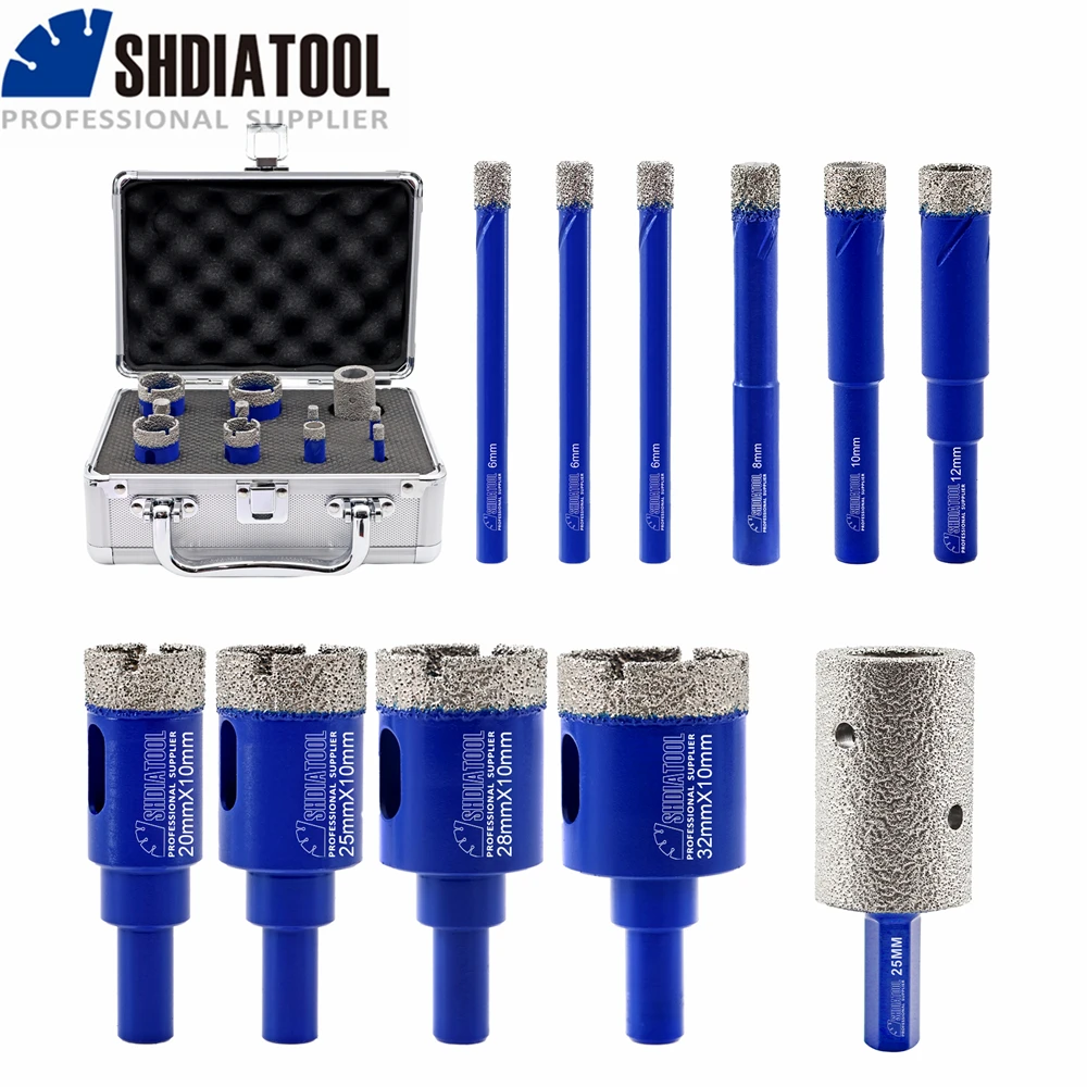 

SHDIATOOL 11pcs Diamond Drill Bits Kit with Aluminum Box 6/6/6/8/10/12/20/25/28/32mm Hole Saw+25mm Milling Finger Bits Porcelain