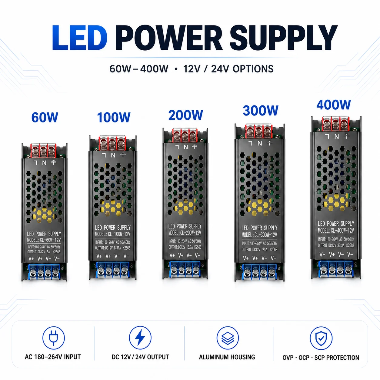 Ultra Slim LED Power Supply 12V 24V 60W-400W AC180-264V Constant Voltage Driver for Strip Lights Channel Letters Signage