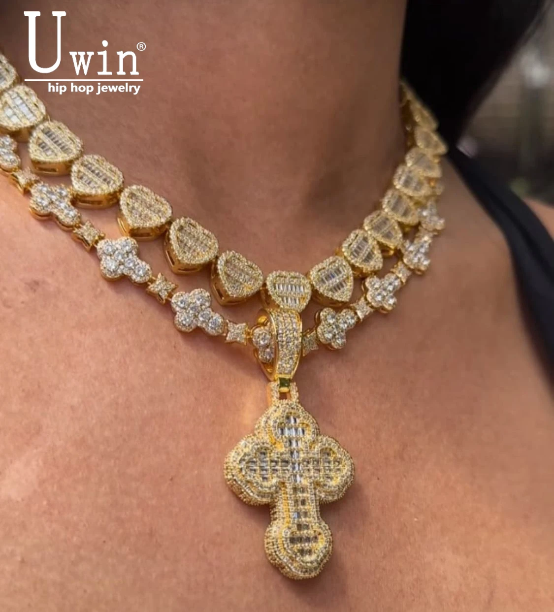 Uwin Cloudy Shape Cross Pendant Micro Paved Out Cubic Zirconia Star Cross Necklace For Women Girl Hiphop Jewelry