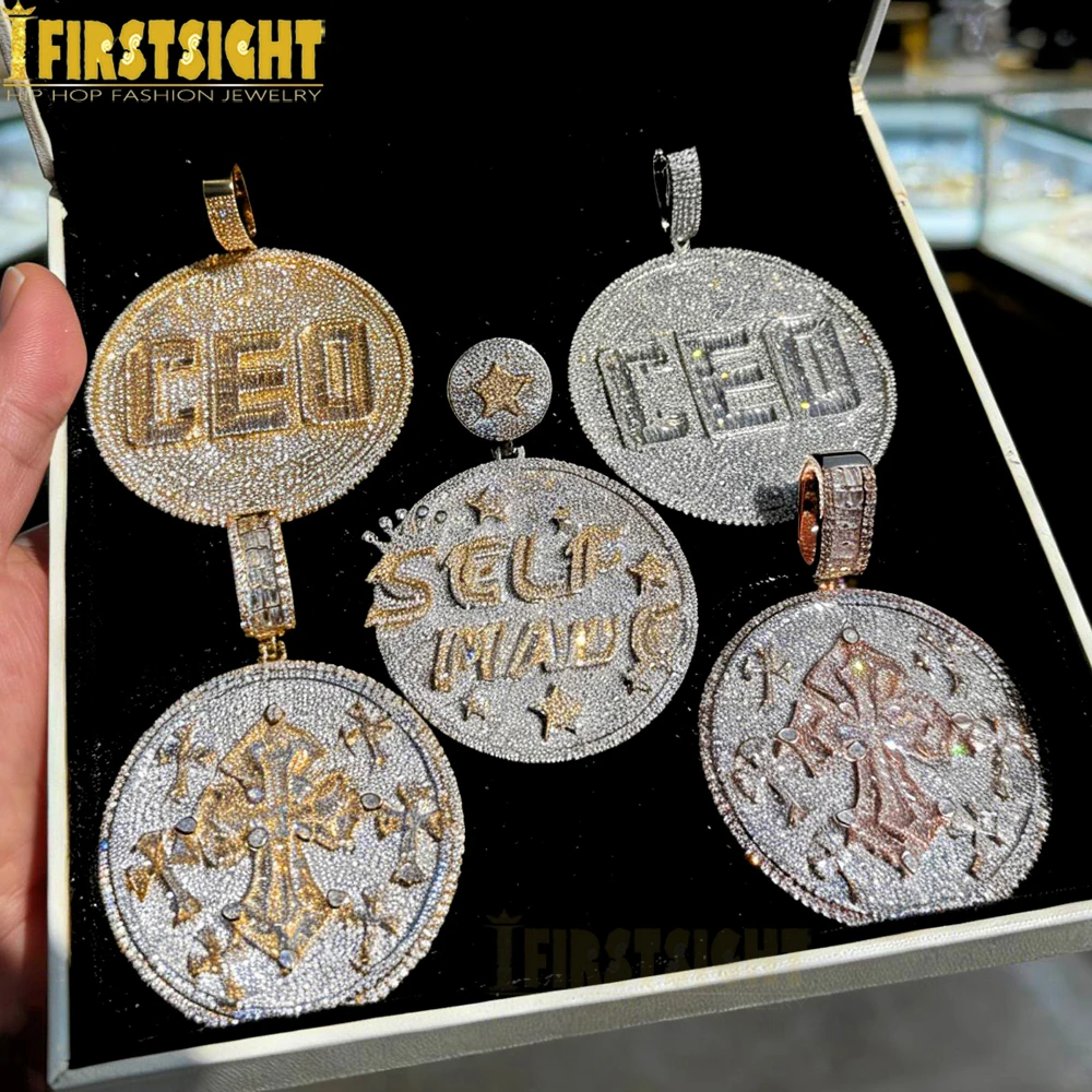 Iced Out Big Round Cross Pendant Necklace Bling Zircon CZ Heavy Chunky Letter CEO Self Made Badge Men Fashion Hip Hop Jewelry