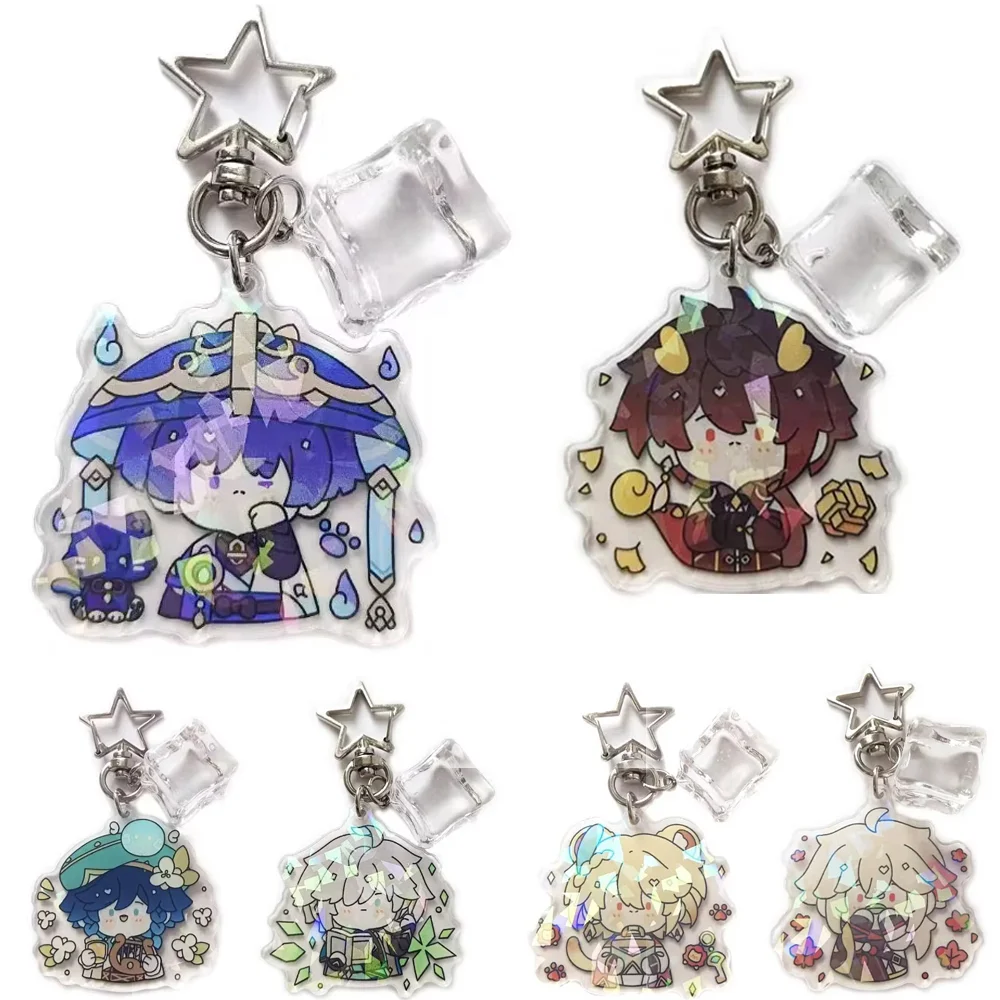 Gen Anime Model Tighnari Figure Laser Rock Candy Key Chain Q Version Cute Wanderer Tighnari Xiao Zhongli Acrylic Keychain Charms