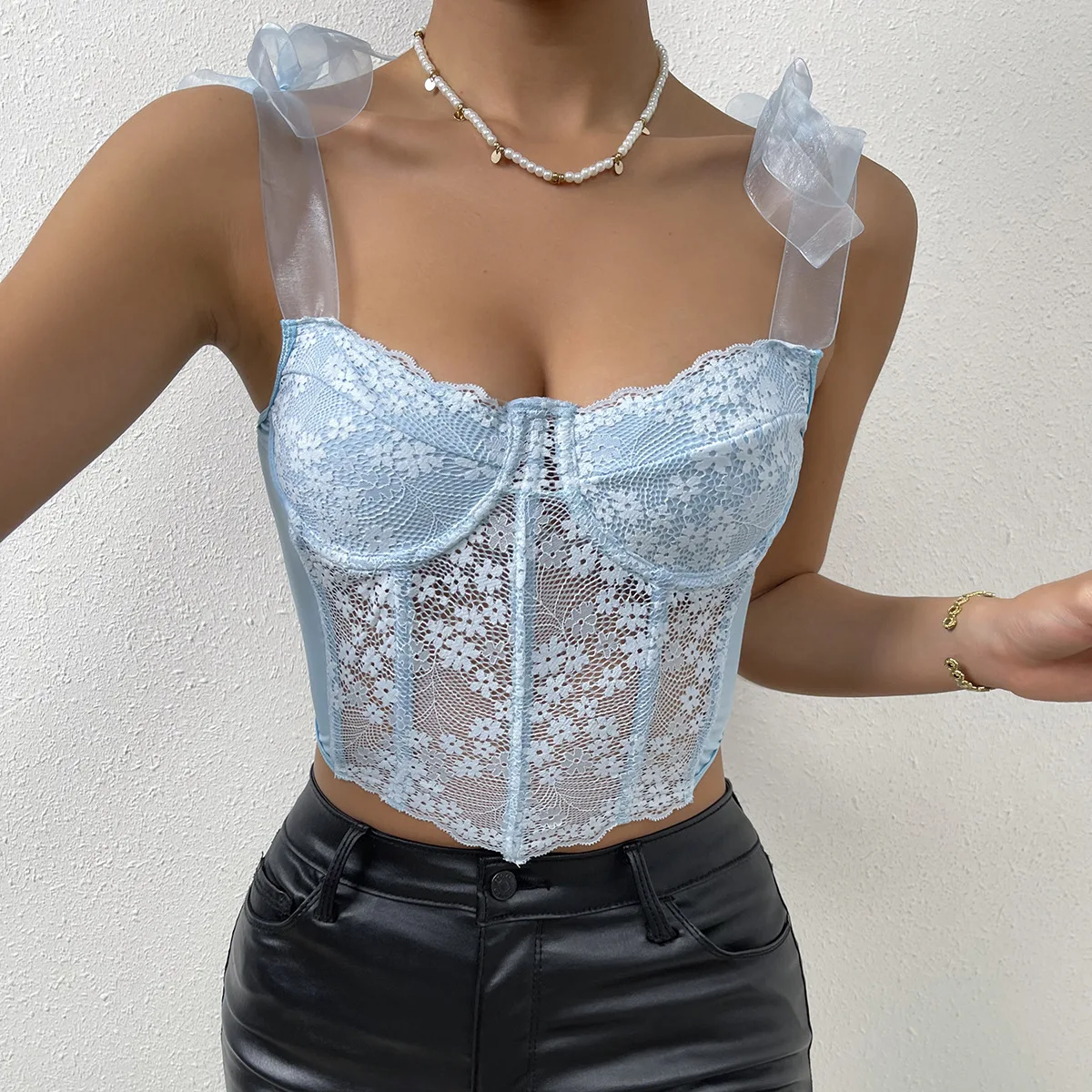 Lace Bow Ribbon Floral Mesh Hollowing Corset Rhomboid Fishbone Crop Tops Korean Sweet Style Sexy Camisoles for Party Vacation