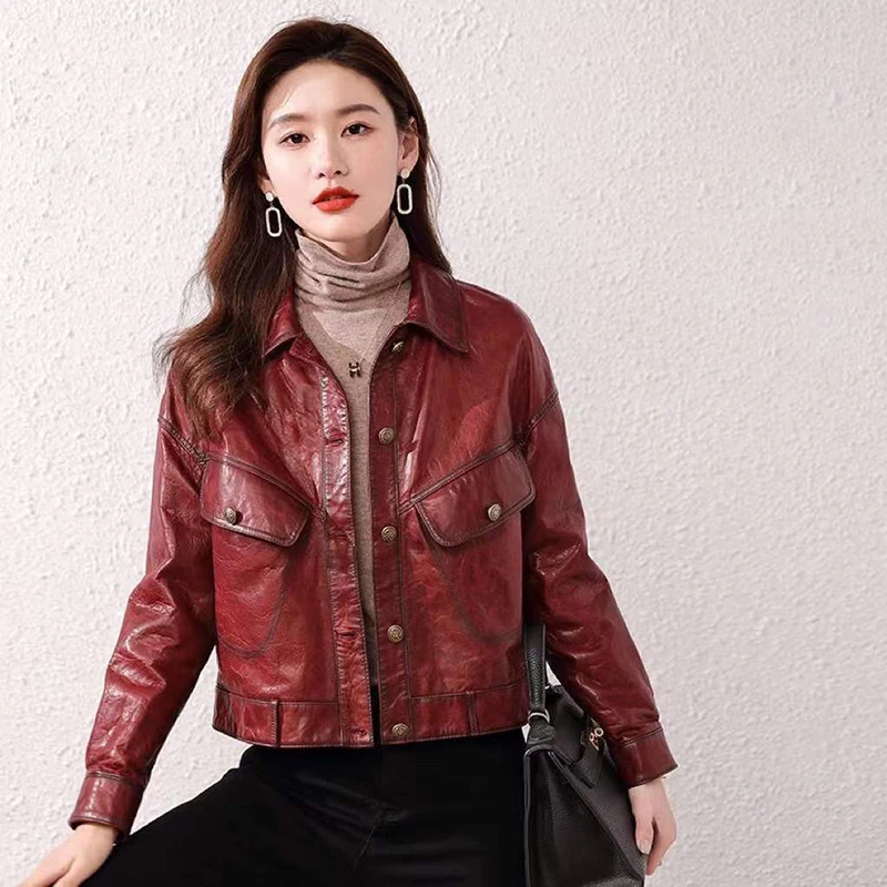 New Sheepskin Coat for Women Spring Autumn Fashion Lapel Single-Breasted Casual Short Red Wine Waxy Leather Jacket Abrigo Mujer 