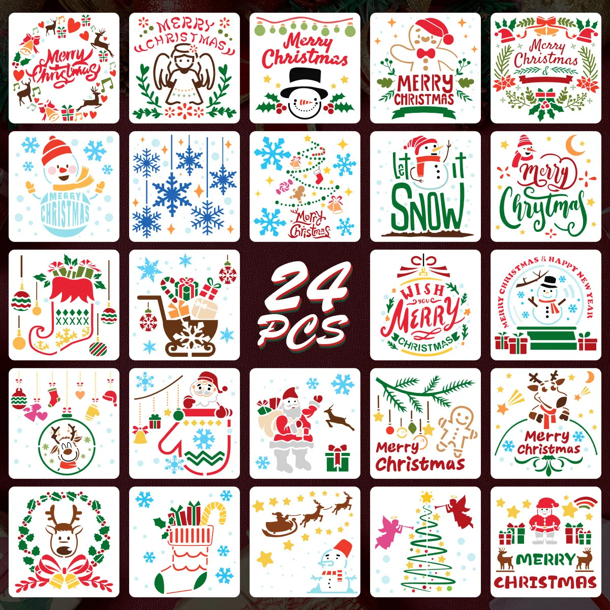 

24pcs DIY Merry Christmas Drawing Stencil 15*15cm Templates Embossing Paper Card Painting Scrapbooking Stamp Album Decoration