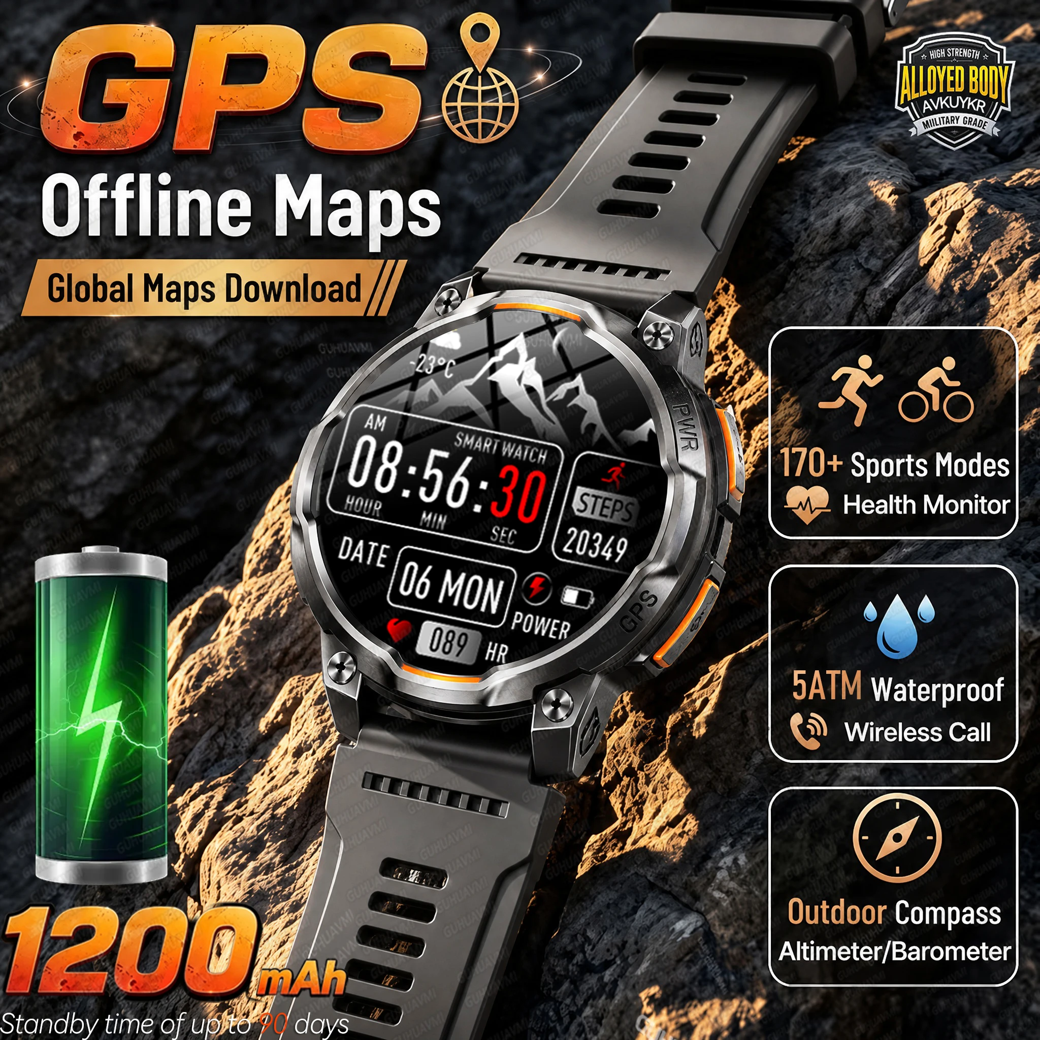 New 1.46-inch HD Display Smartwatch With 1200mAh Large Battery GPS Offline Map 5ATM Waterproof Call Sports Fitness Smartwatches
