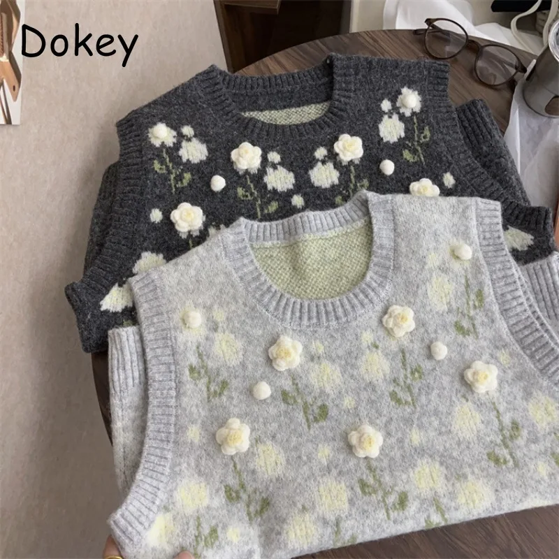 

Korean Style Embroidery Knitted Vest Women Autumn Vintage O-Neck Sleeveless Sweater Pullover Tank Tops Casual Waistcoat Knitwear