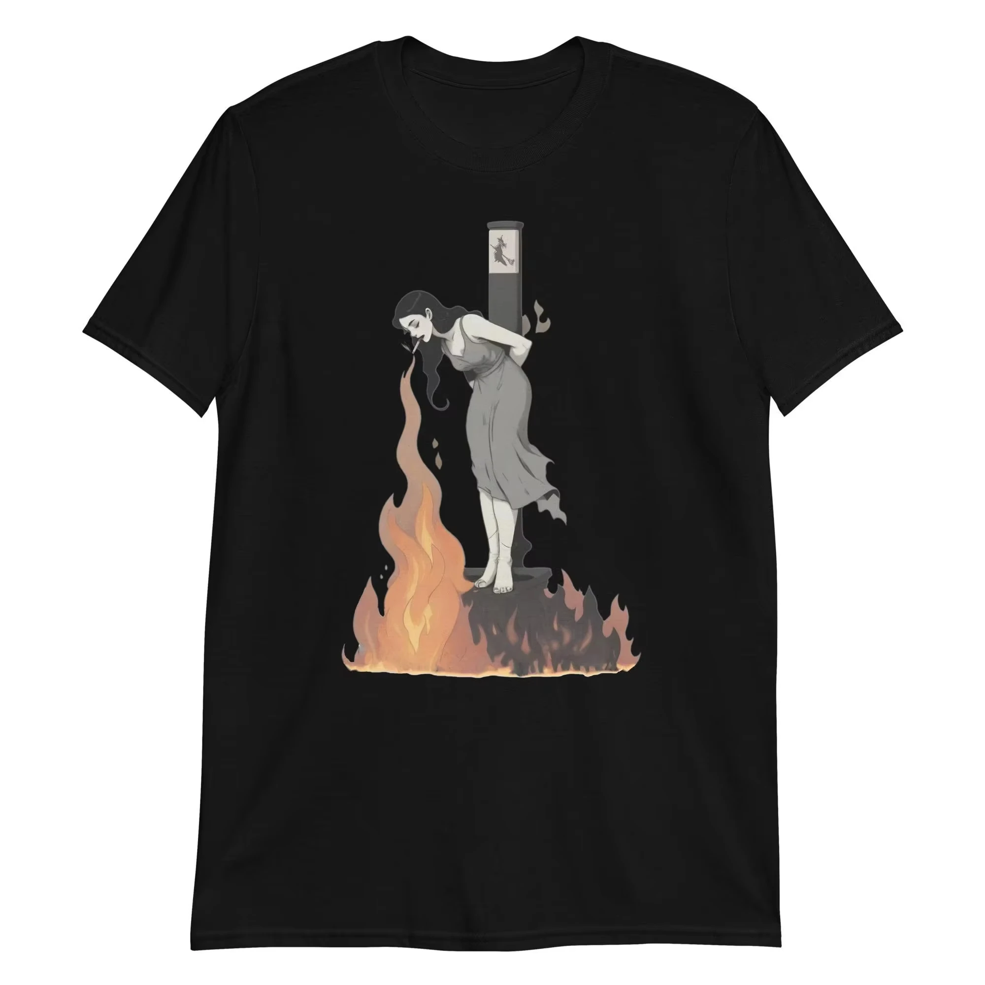 Summer men's 100% cotton short-sleeved T-shirt with the graphic print of a witch lighting a cigarette and burning