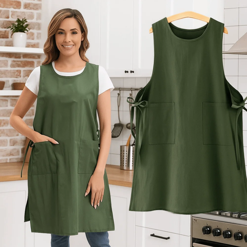 

Rural Style Round Neck Apron Stain Resistant Cotton Baking Work Clothes with Side Strap with Pocket Kitchen Apron Housewife