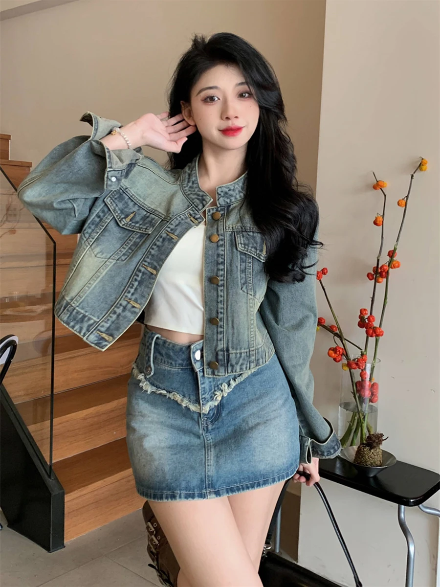 

Denim Coats For Ladies Womens Autumn Woolen Simple Cozy Notched Buttoned Slim-Fit Patchwork Appliques Temperament Leisure Fitted