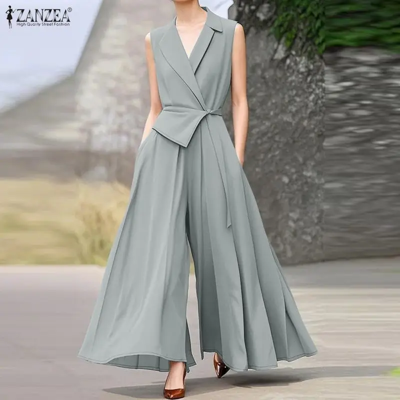 

ZANZEA Fashion Women Jumpsuits 2026 Summer Wide Leg Trousers Lapel Sleeveless Pleated Rompers Playsuits Elegant OL Work Overalls
