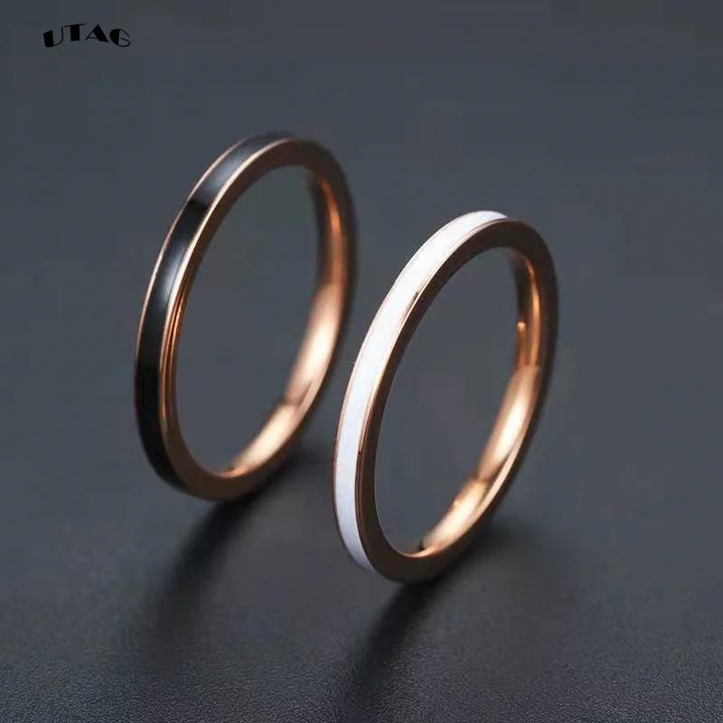 UTAG  Fashion Black/White Ceramic Crystal Wedding Rings Jewelry For Women Girls Rose Gold Stainless Steel Bohemia Rin