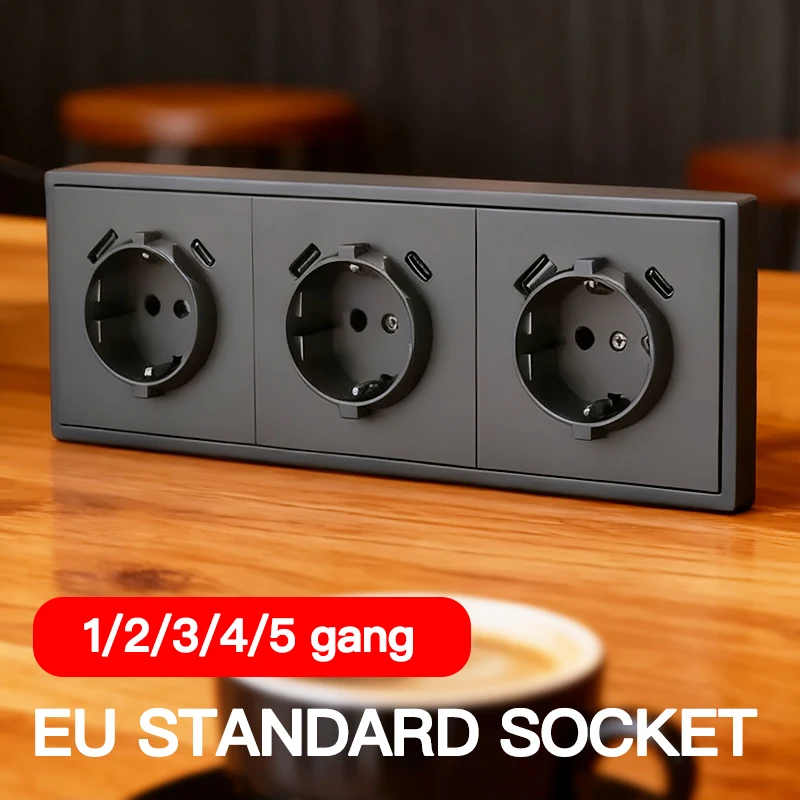 

EU Standard Schuko Wall-Mounted Power Socket 16A 250V, USB-C 80×80mm Large PC Board Modern Design