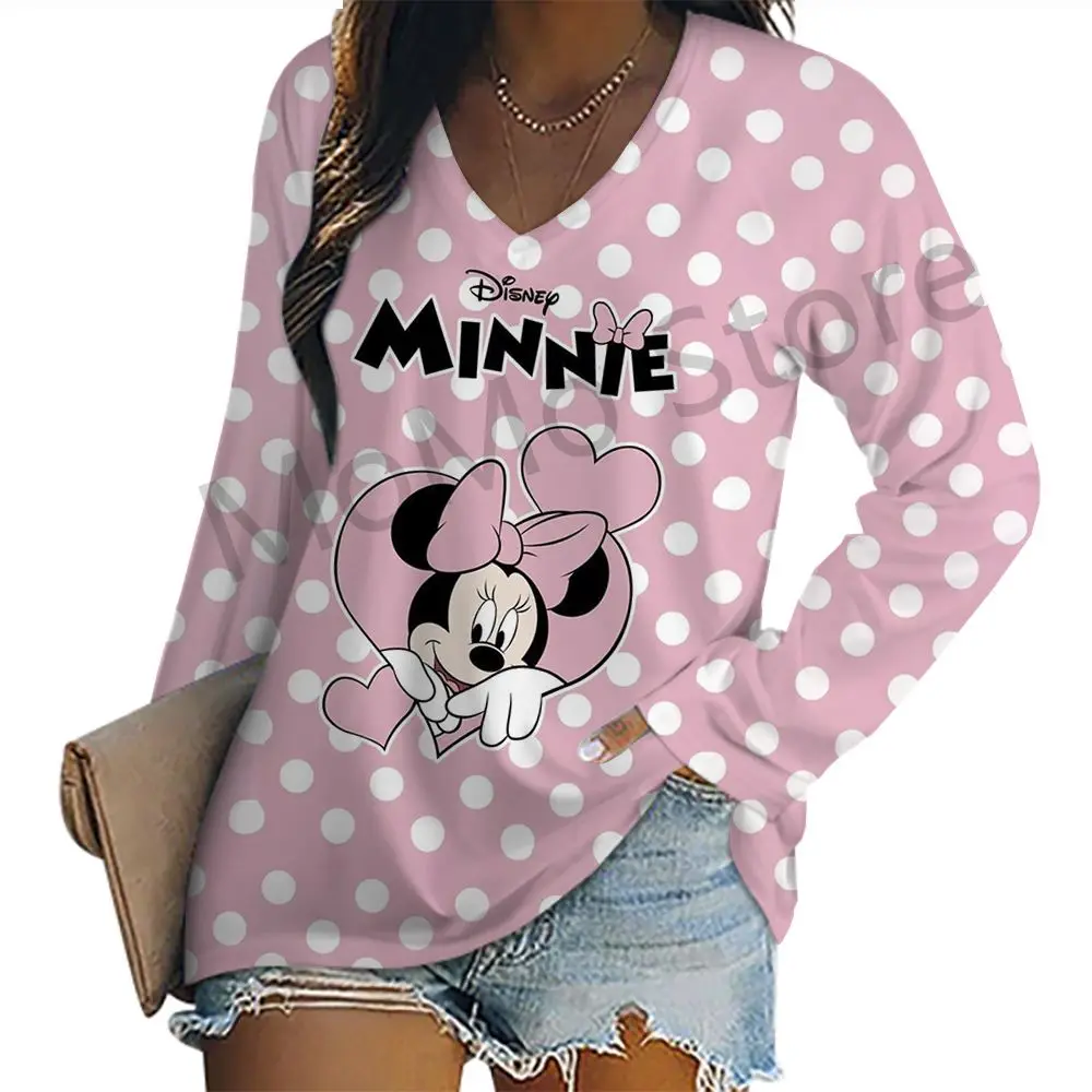 

Mickey Leisure Disney Tops Women's Long Sleeve T-shirts Streetwear V-Neck Fashion High Quality S-3XL Lovely Kawaii Minnie Y2k