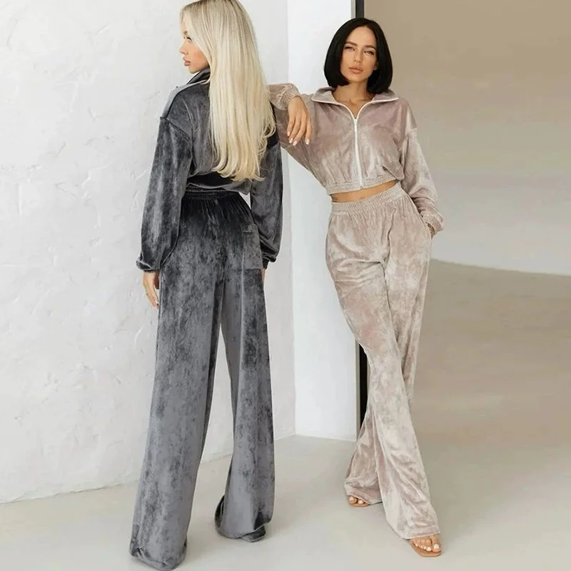 2025 Traje de terciopelo de dos piezas Conjuntos deportivos casuales para mujer Chaqueta corta con cremallera Top Pantalones rectos Conjuntos de 2 piezas de terciopelo dorado
