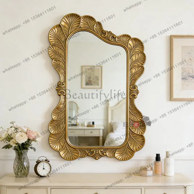 

European retro carved bathroom mirror household porch fireplace special-shaped decorative mirror