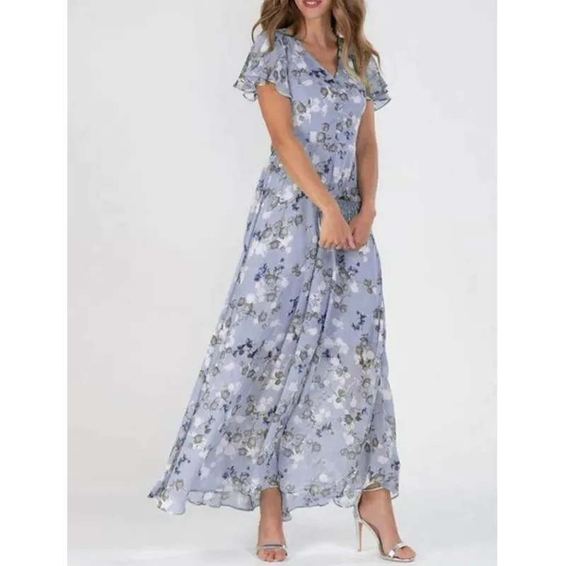 Robe Maxi Décontractée à Manches Courtes et Col en V, Tenue de Soirée Fendue, Style Plage, Streetwear, Sexy, à la Mode, Imprimé Floral, Nouveau