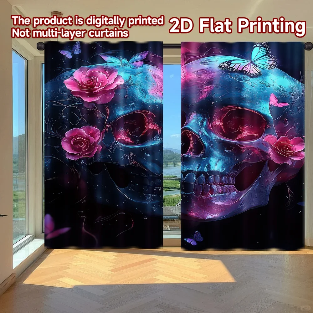 

2D flat printing 2pcs Window Curtains Day of the Dead Skulls Digital Printed Polyester Drapes Birthday Party Use for Holiday