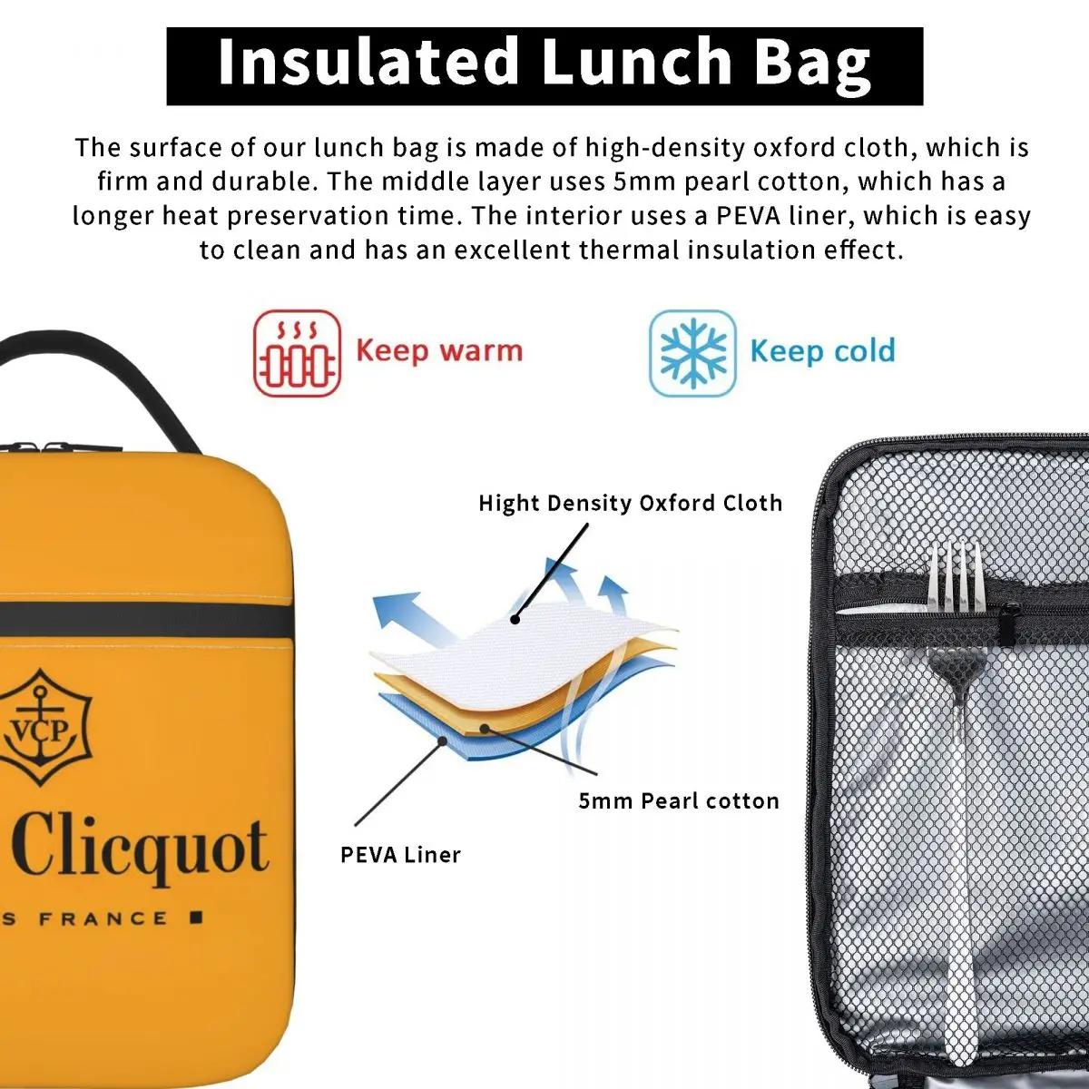 Champagne Insulated Lunch Bag Thermal Bag Meal Container Veuves Clicquots Leakproof Tote Lunch Box Food Storage Bags Work Picnic