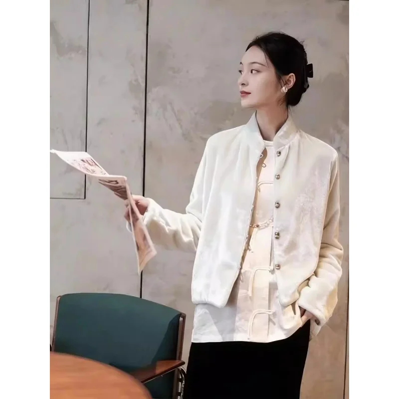 Retro New Chinese Style Navy Blue Velvet Jacket, Women's French Chic Shirt Collar Blazer Elegant Business Tops J014