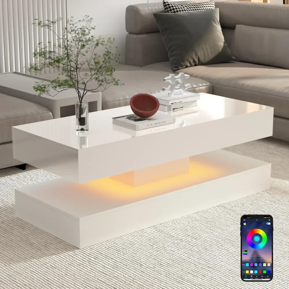 47,3 Zoll hochglänzender LED-Couchtisch, APP-LED-Leuchten, schwarz/weiß, moderne Möbel für das Wohnzimmer