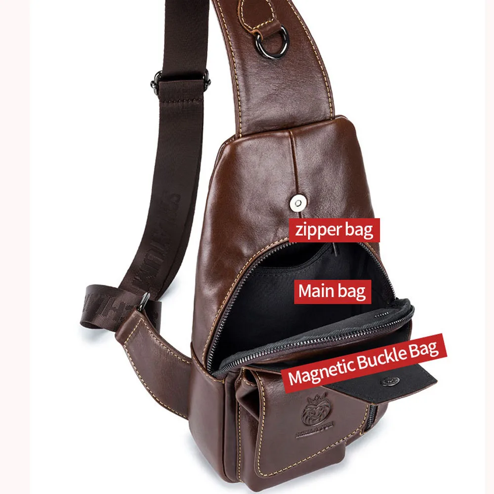 New Men Genuine Leather Chest Bag Retro USB Charging Waterproof Multifunction Crossbody Single Shoulder Day Pack Bag