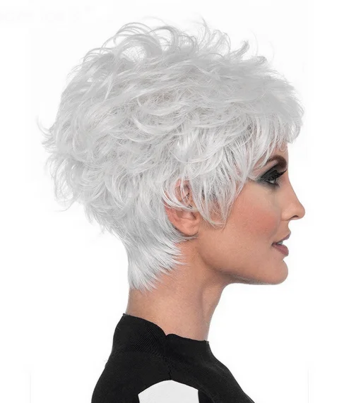 Women Sliver Grey Natural Short Curly Hair BOB Cosplay Full Wig