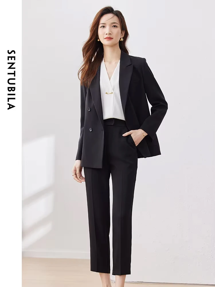 SENTUBILA Elegant Black Pant Suit Two Piece Sets for Women 2024 Fashion Busines Work Blazer Jacket and Dress Pants 133Z49711