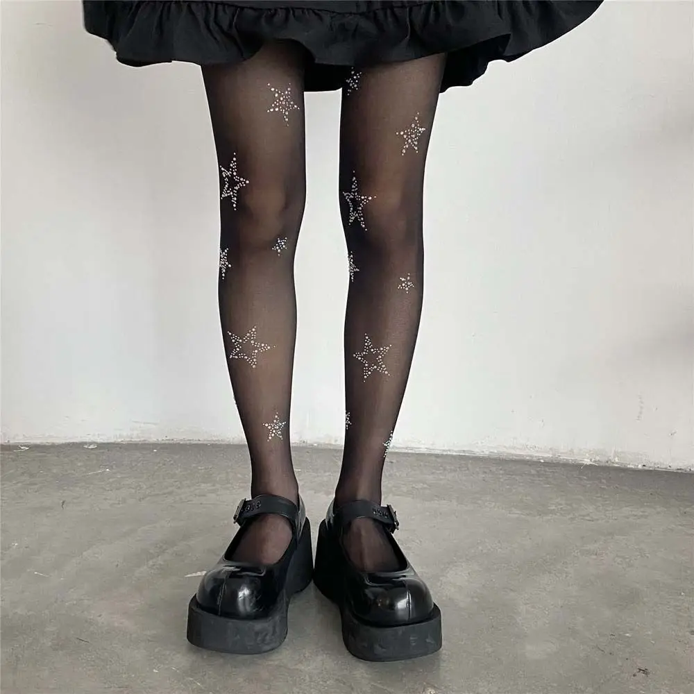 Medias de malla con lazo de estrella y diamantes de imitación para mujer, medias altas hasta el muslo, antigancho JK, Lolita, Kawaii