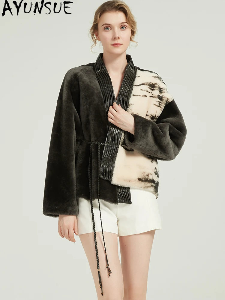 AYUNSUE 天然羊皮毛皮コート女性冬服レースアップ本革ジャケット女性コートの新作暖かい Шуба Женская